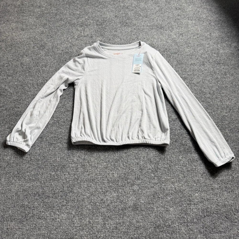 Cat & Jack Girls Ribbed Long Sleeve Top Light Gray Elastic Waist Cinch NWT S 6/7